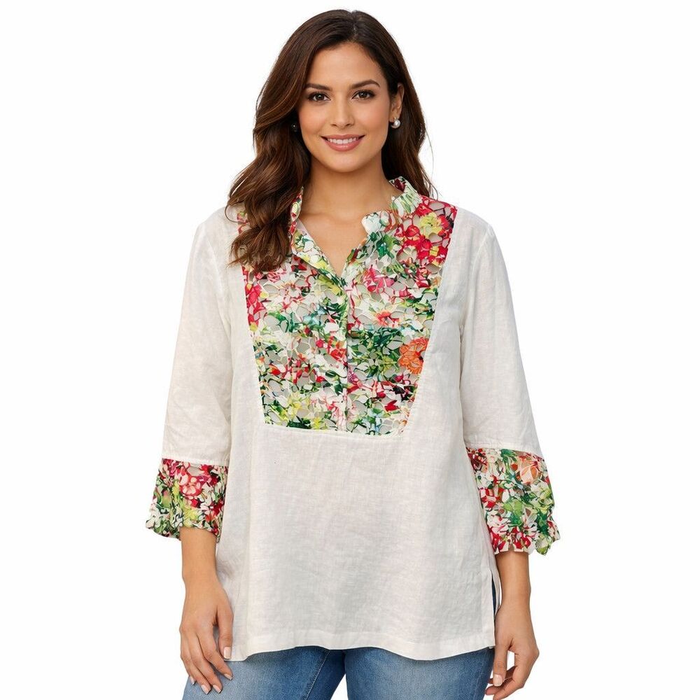 Soft Surroundings Tunic Blouse Womens Large White Floral Lace Henley 3/4 Sleeve